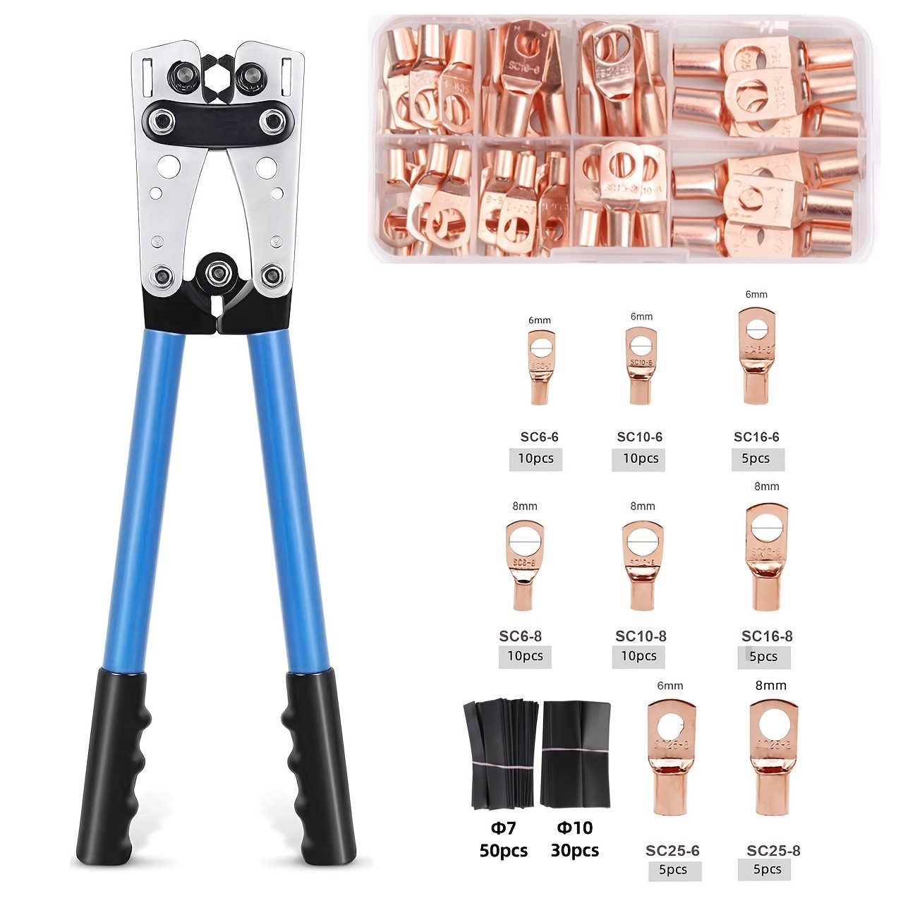 Battery Cable Crimper AWG Kit 10-1/0, Wire Terminal Crimping Tool with 60Pcs