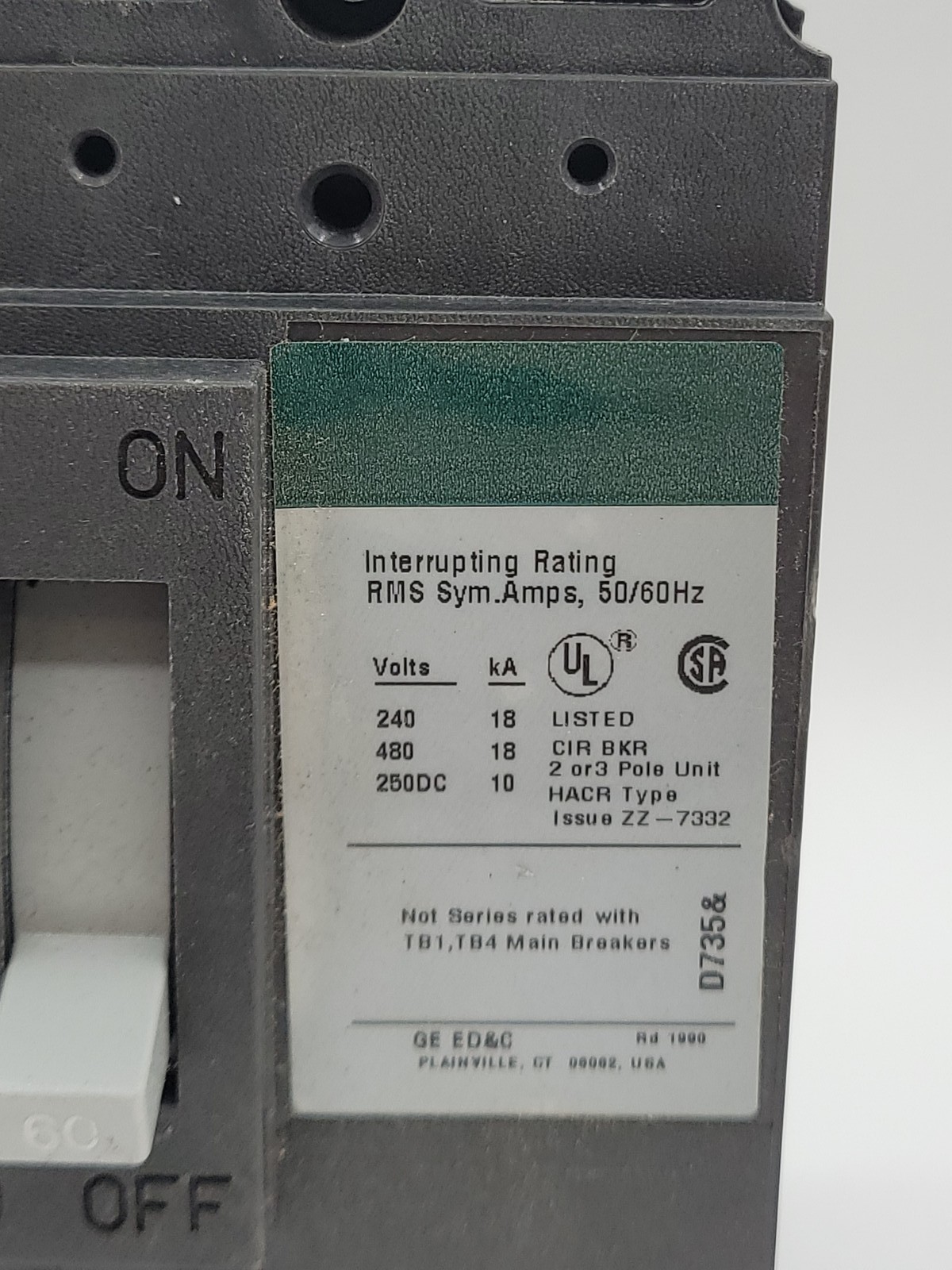 General Electric TED134060WL Bolt-On Circuit Breaker 60A 3P 480VAC 18KA TED
