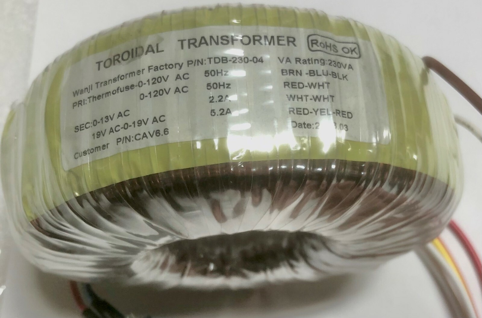 TDB-230-08 WANJI DIY TOROIDAL Audio Power TRANSFORMER VA RATING 230VA NEW!