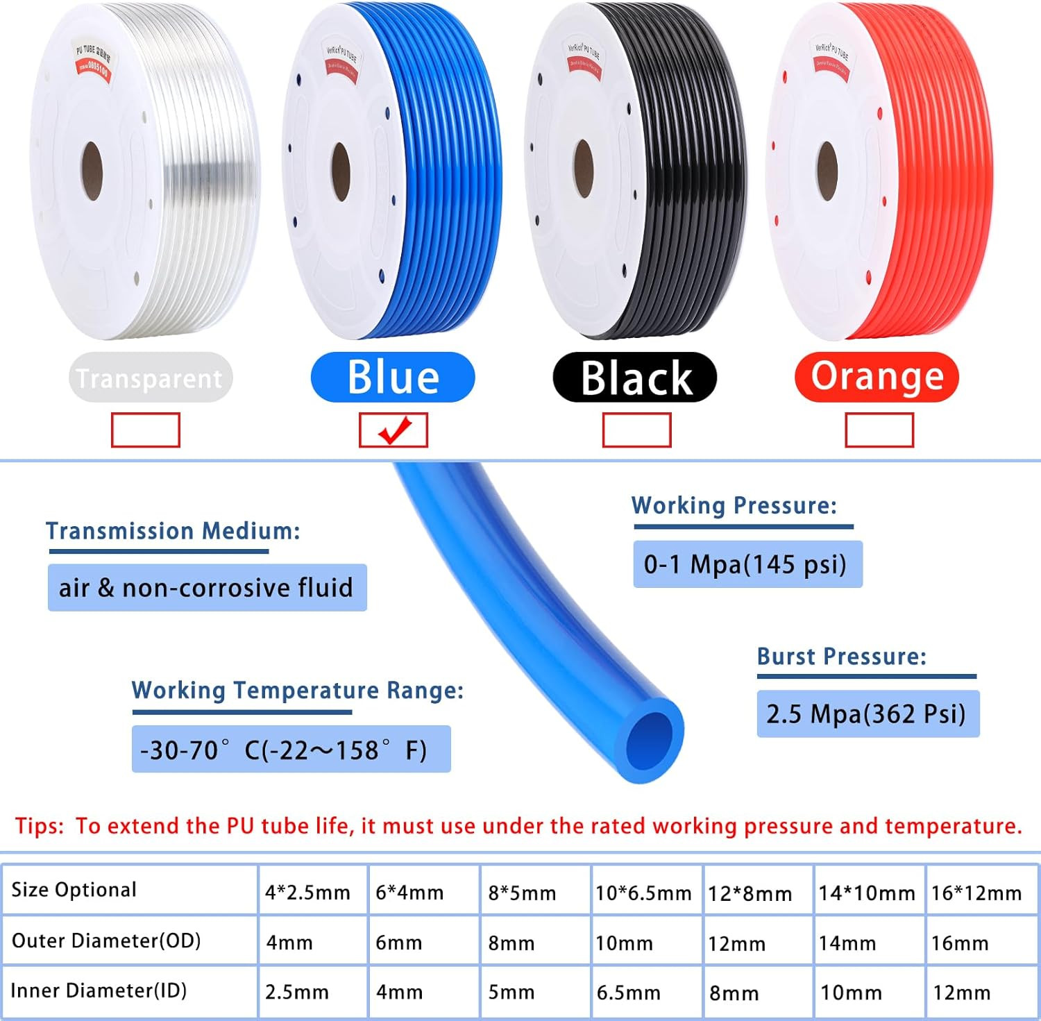 Pneumatic Tubing Pipe PU Hose Blue 4Mmod X 2.5Mmid 525FT 160M | Flexible PU Poly
