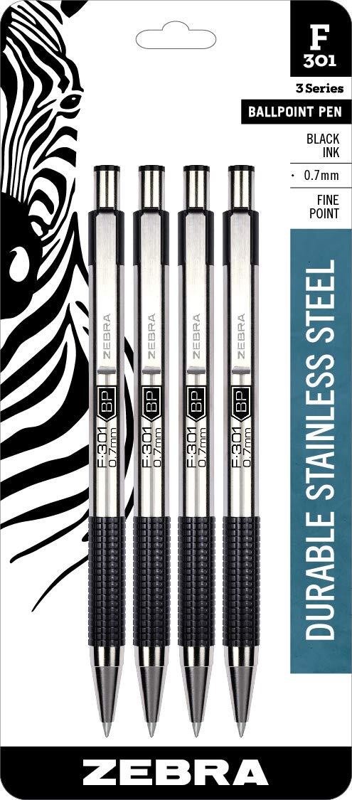 4-Pack Zebra Pen F-301 Retractable Pen Stainless Steel Barrel BLACK 0.7mm