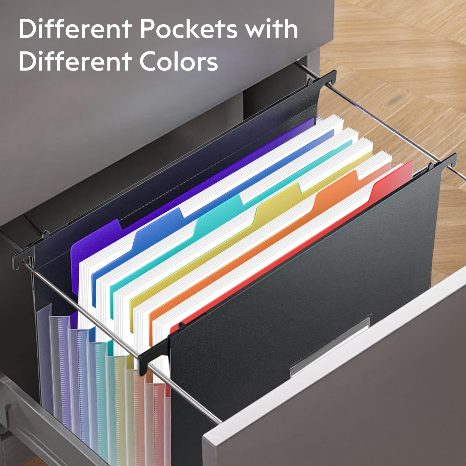 7 Pockets Expanding Hanging File Folders with Elastic 13 x 10.6 inches, Black