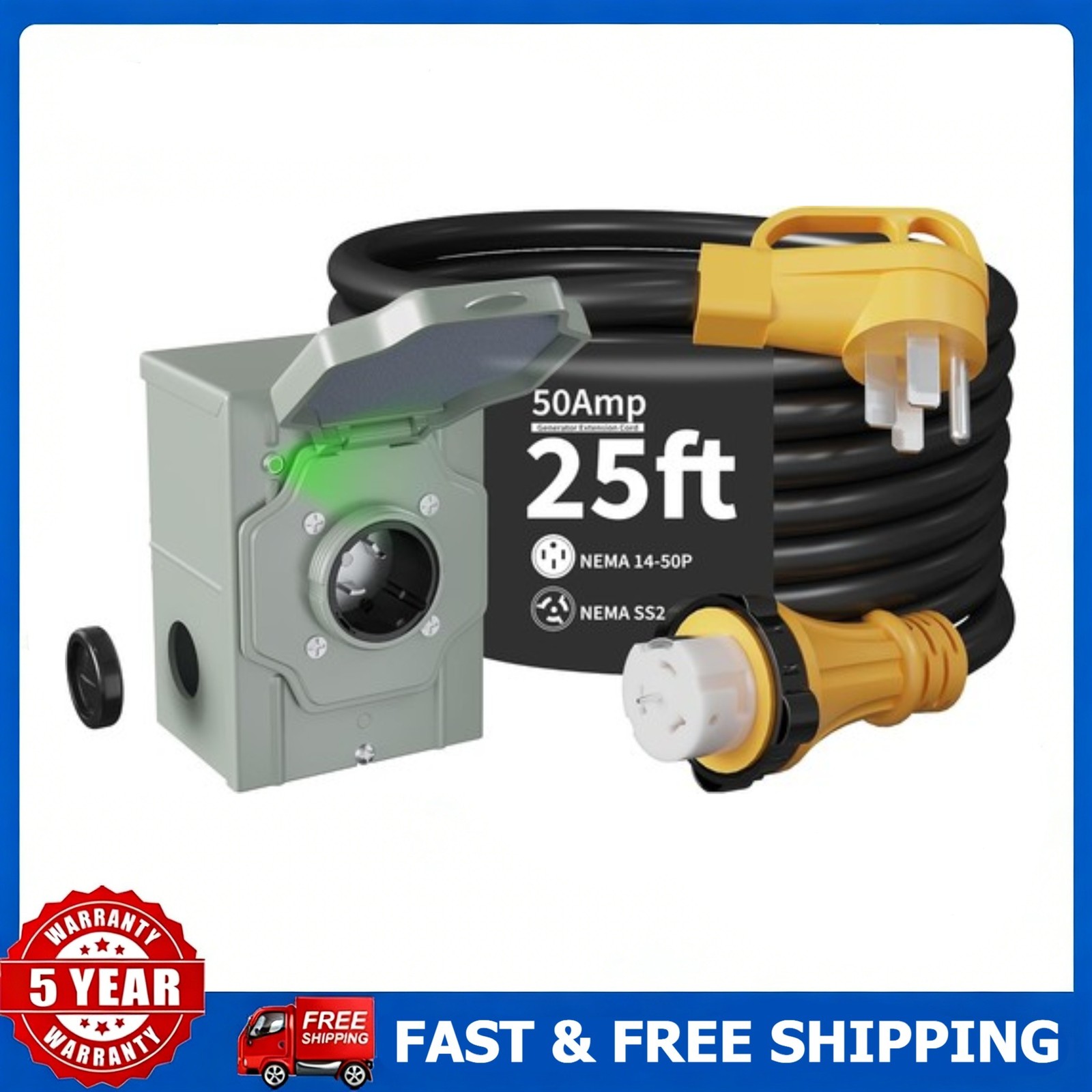 50 Amp 25FT Generator Power Cord and Power Inlet Box 14-50P Male to SS2-50R STW