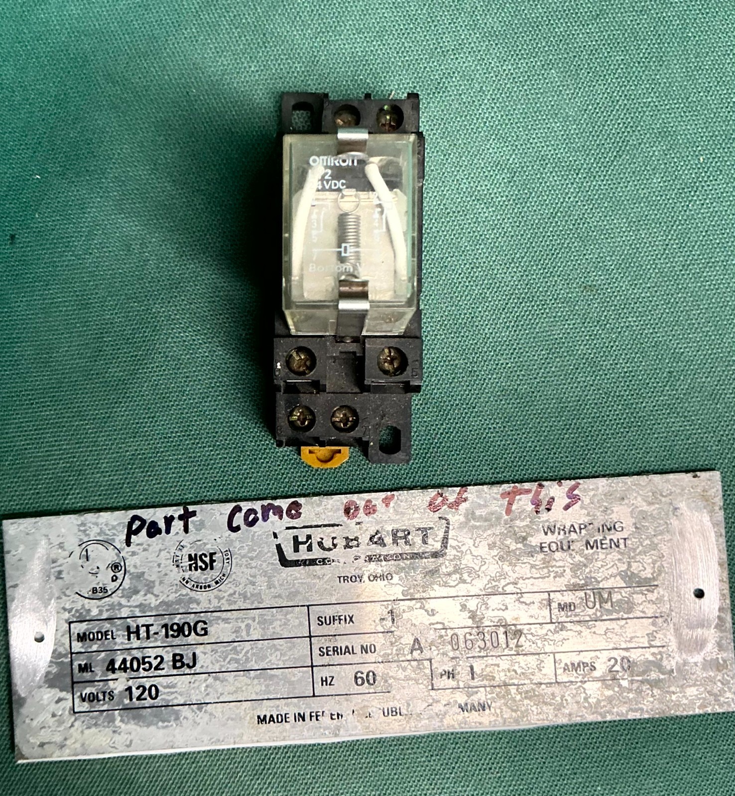 Hobart HT-190G Wrapping Machine Power Relay 24VDC Max 15A 240V ML-44052 OEM Part