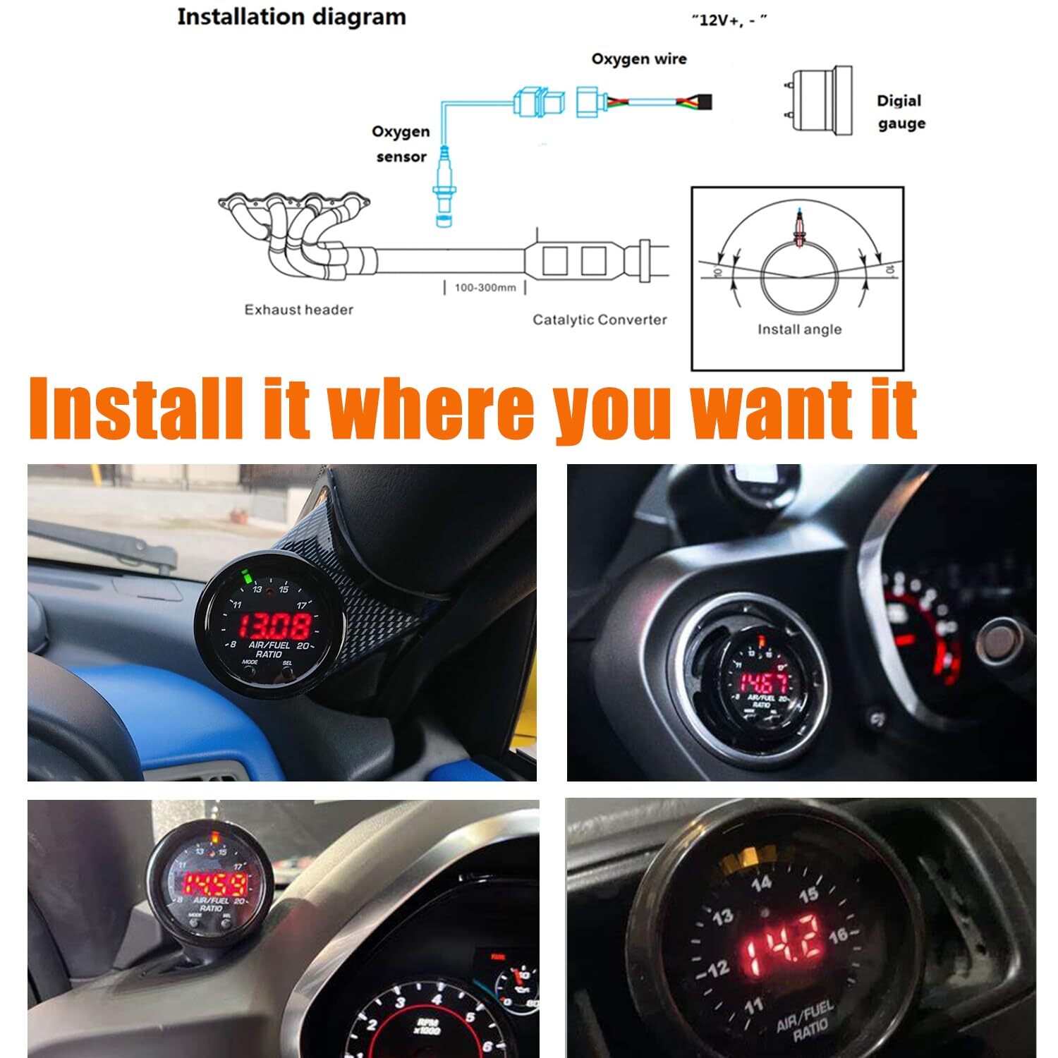 52mm air fuel ratio gauge kit LED Digital Display 12V Wideband O2 sensor kit