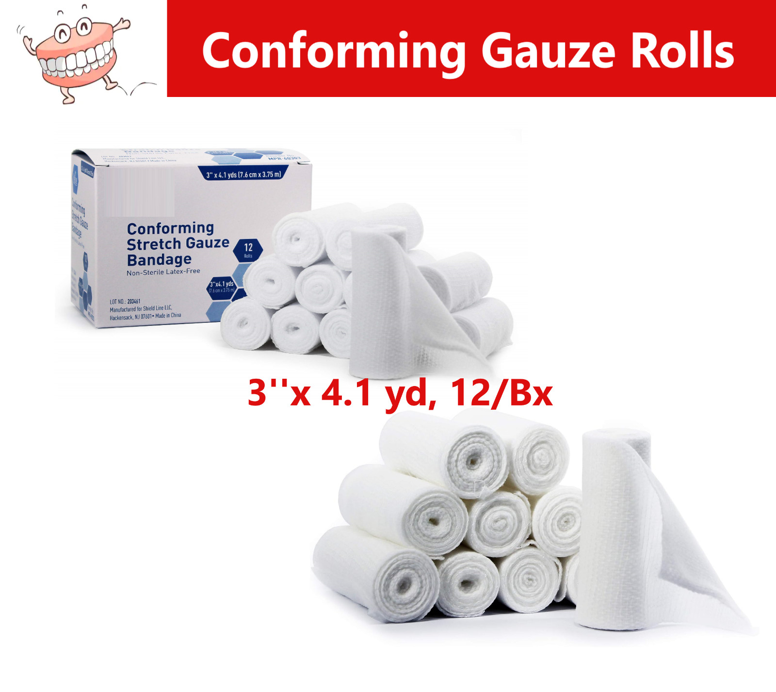 AMGoods 100% Cotton Stretch Gauze Bandage Roll 12 Rolls 3” x 4.1 Yds Latex Free