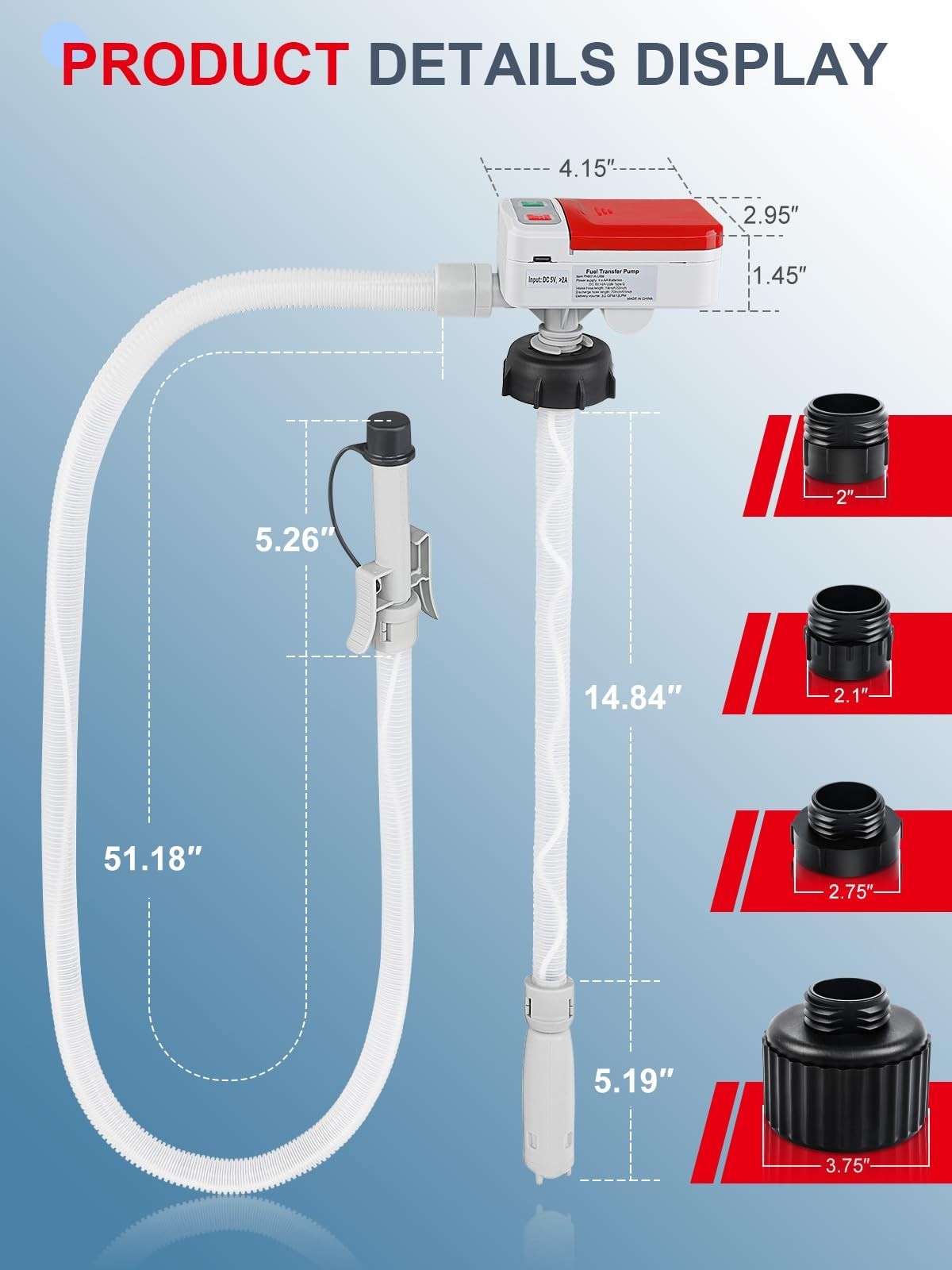 3.2 GPM Fuel Transfer Pump, USB-C & Battery Powered, Auto-Stop, 51″ Hose, 4 Adap