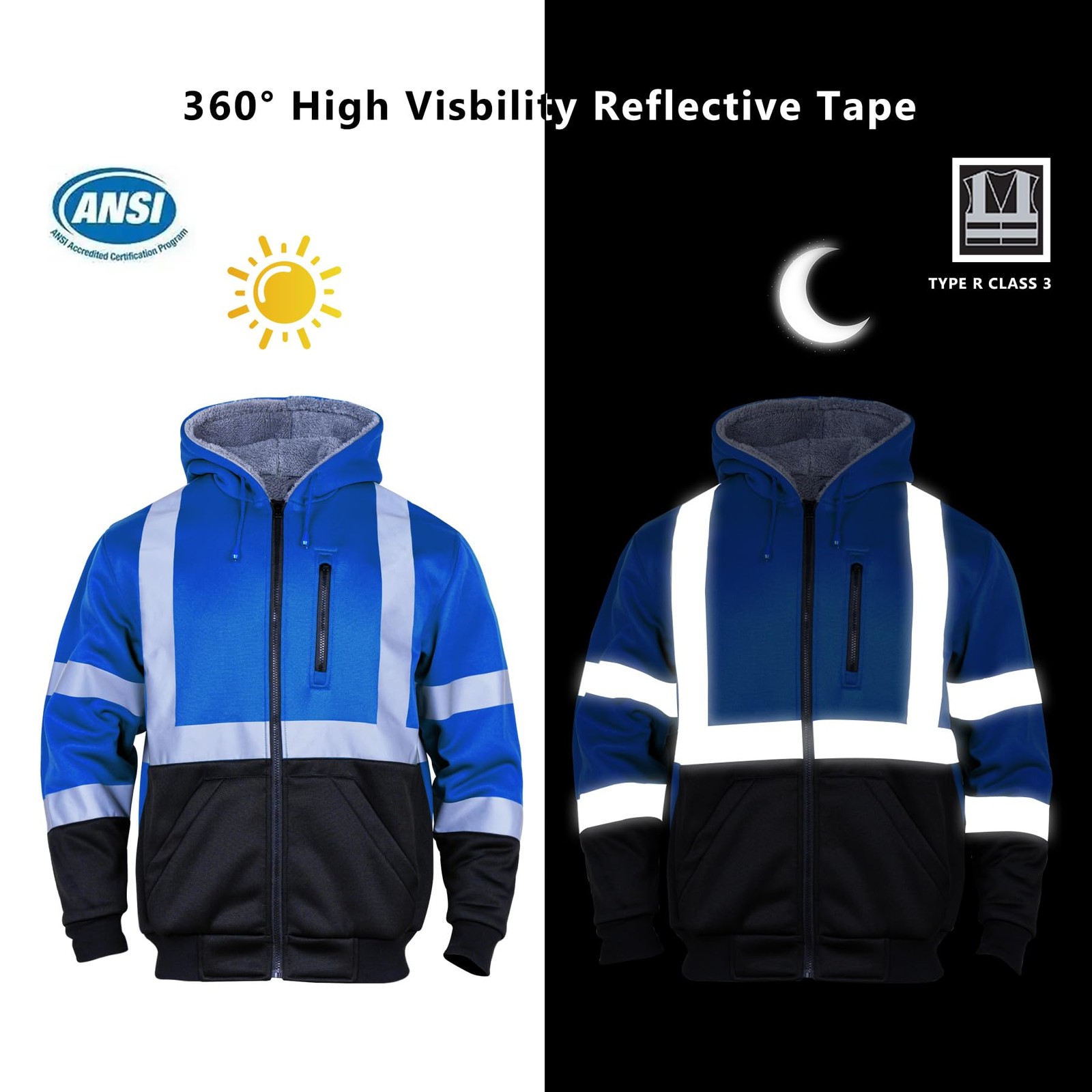FONIRRA Men’s Hi Vis Hoodie Reflective ANSI Class 3 Wool Fleece Safety Sweats…