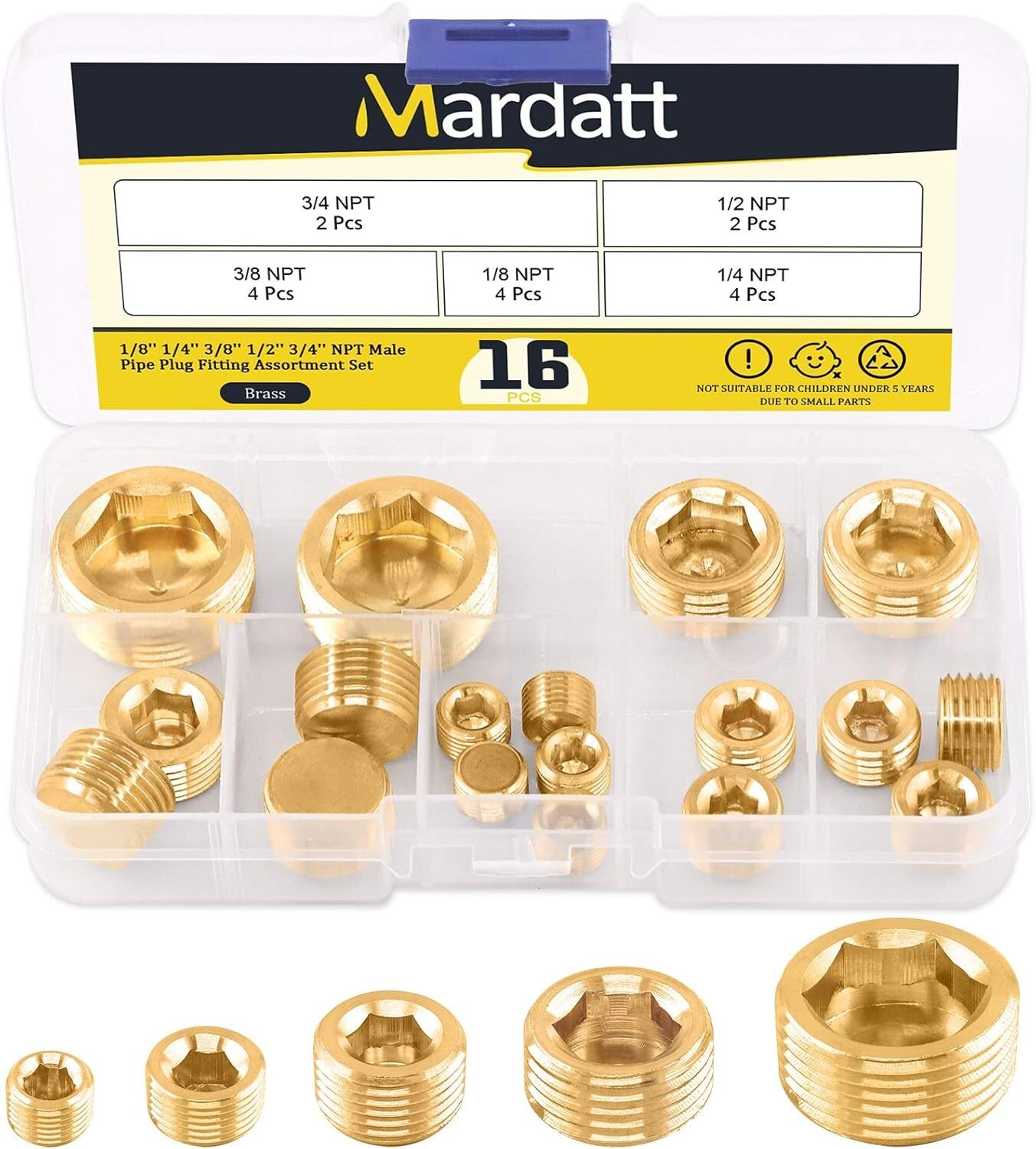 16Pcs Brass NPT Plug Assortment Kit 5 Sizes1/8″ 1/4″ 3/8″ 1/2 «3/4» Internal hex