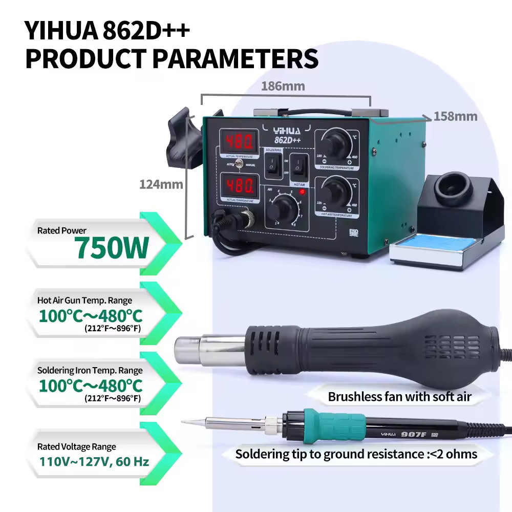 YIHUA 862D++ Soldering Station 750W Digital 2-in-1 Hot Air + Iron Rework Station
