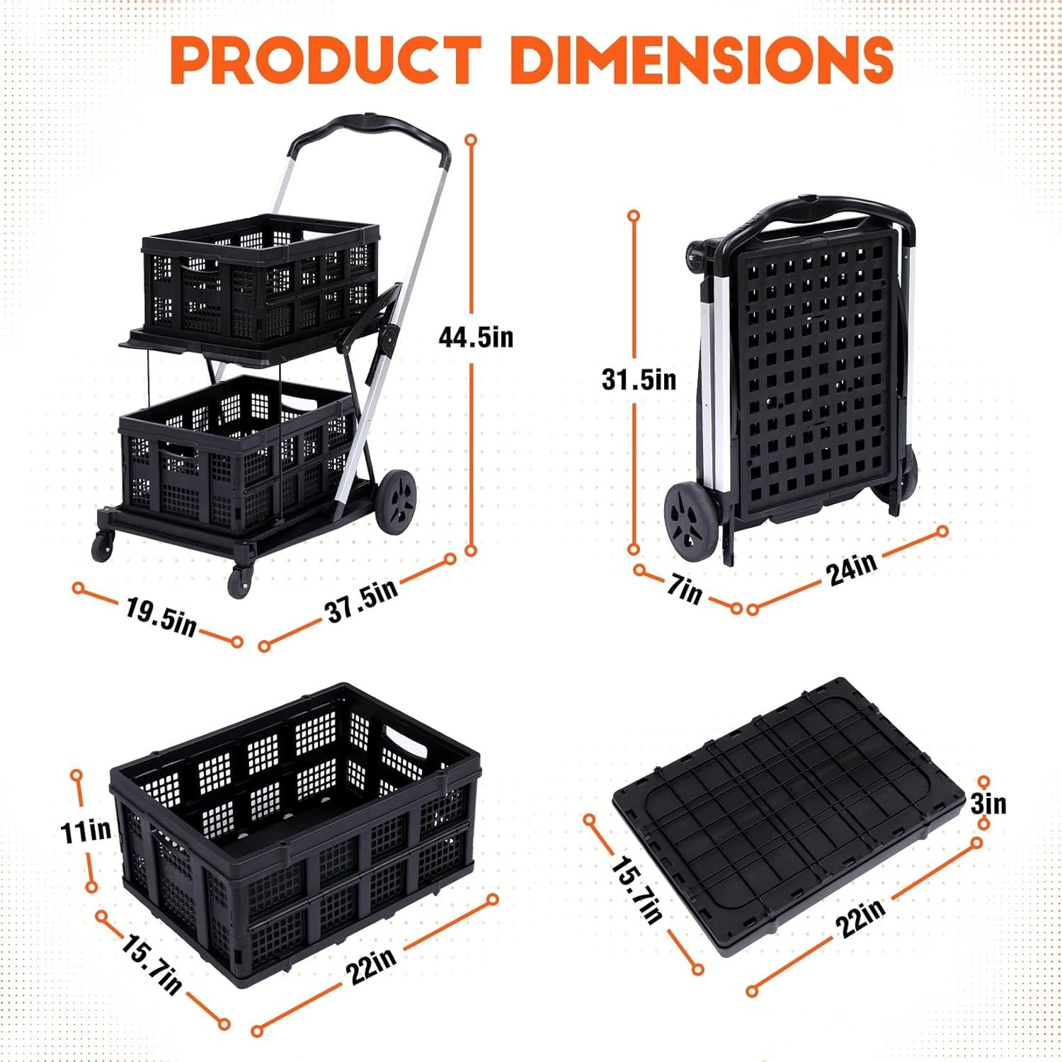 Folding Shopping Cart With Wheels Collapsible Cart with Storage Crate 2-Layer