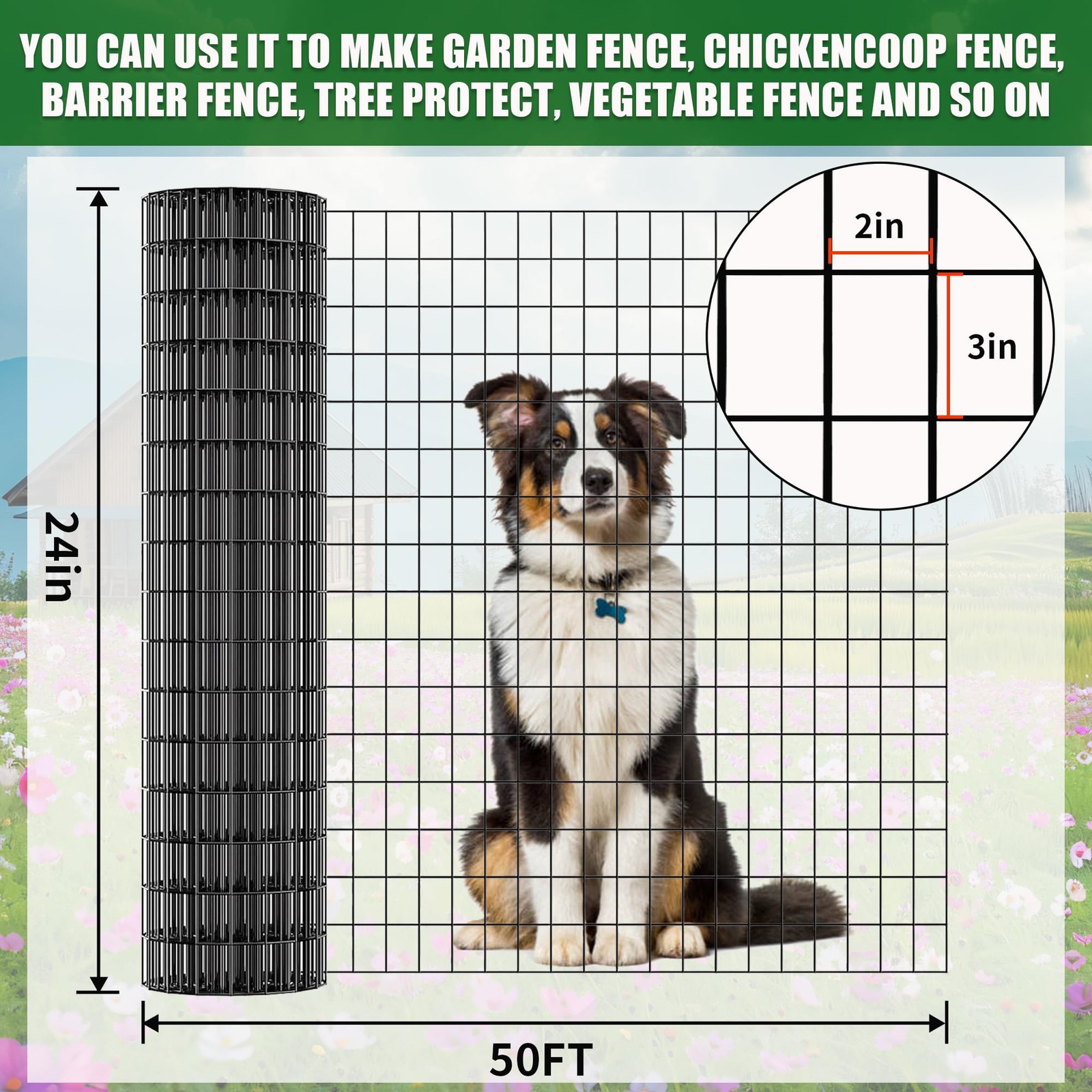 24 in x 50 ft Welded Wire Mesh Fence, 2 in × 3 in 15GA Black PVC Coated Garde…