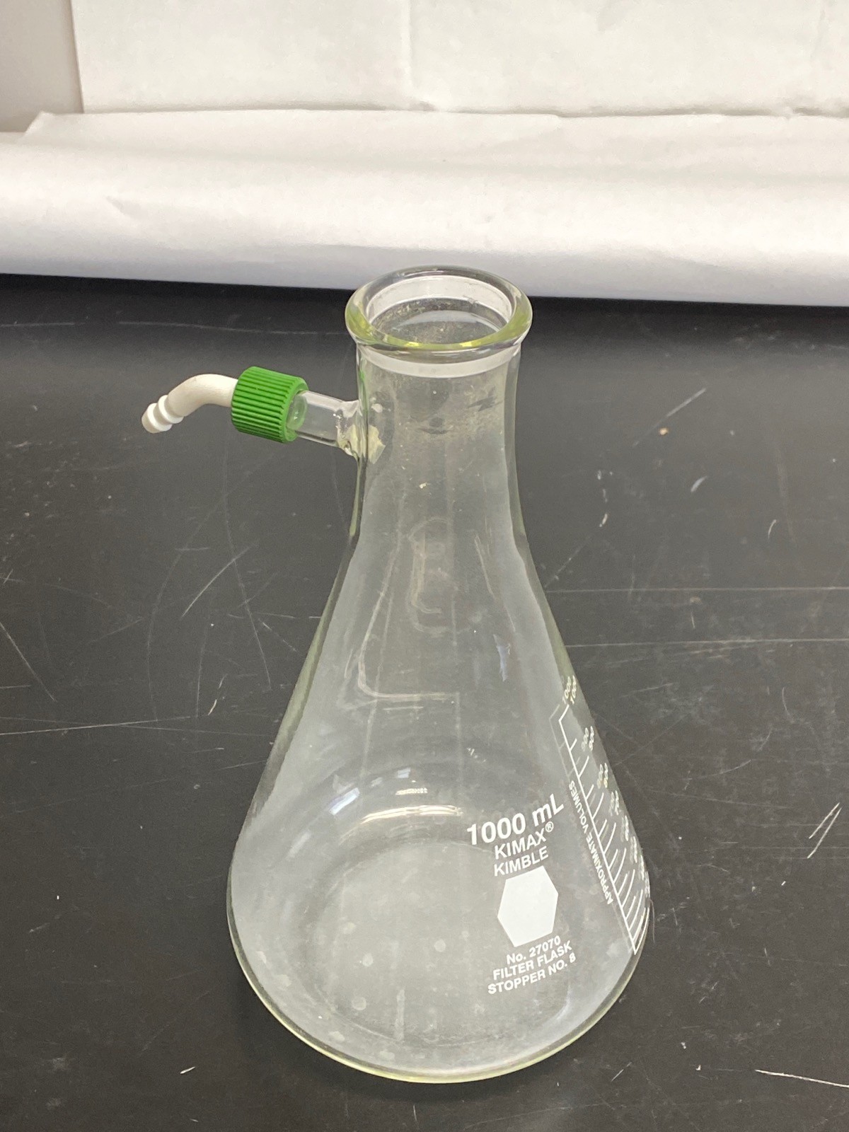 Used KIMAX Glass 1000mL Graduated Erlenmeyer Filter Flask w/Sidearm 27070-1000