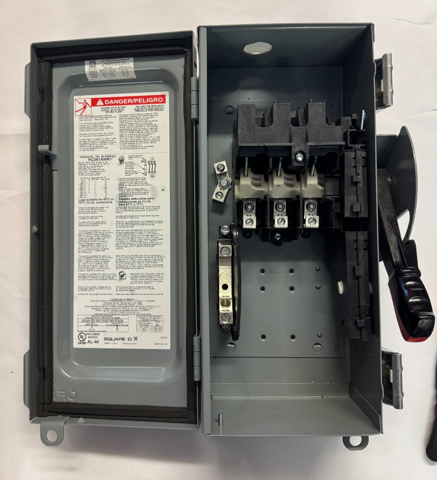 Square D HU361AWK 30 Amp 600v Heavy Duty Safety Switch Nema 3r Non-fused 3-Pole