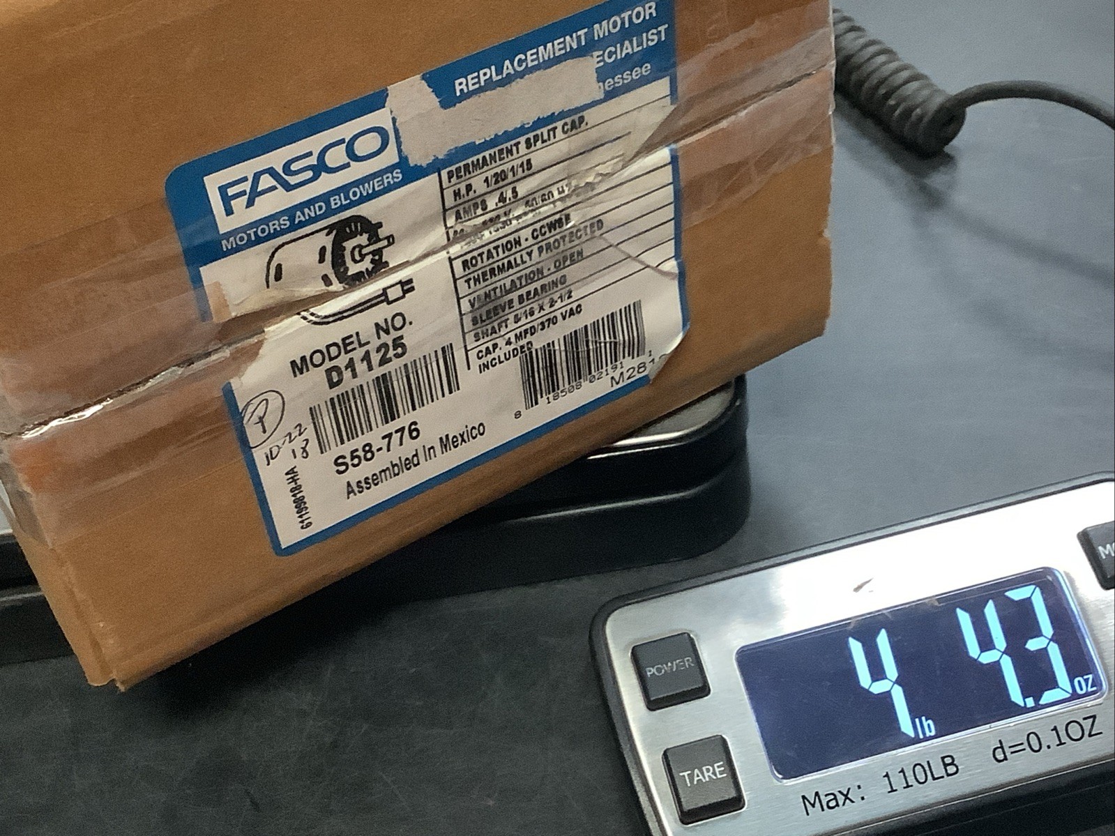 Fasco D1125 Motor, 1/20/1/15HP, 208-230V, 50/60Hz, 1440/1550RPM, Type:U90B1