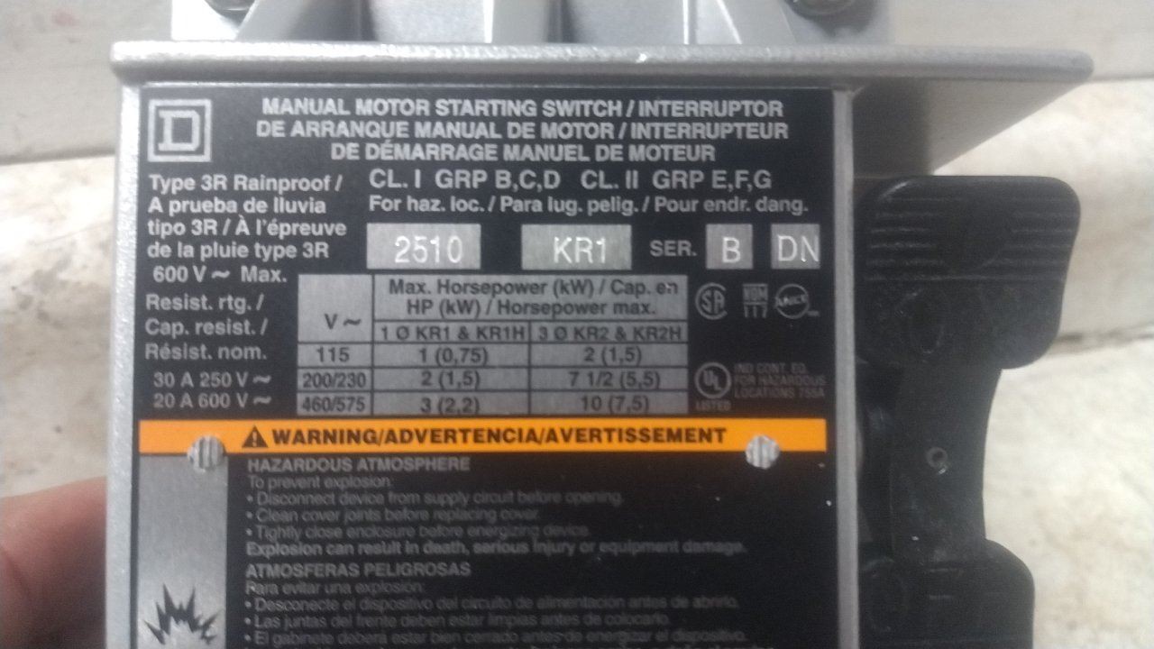 Square D 2510KR1 230VDC; 600VAC Max Voltage Rating Manual Motor Switch
