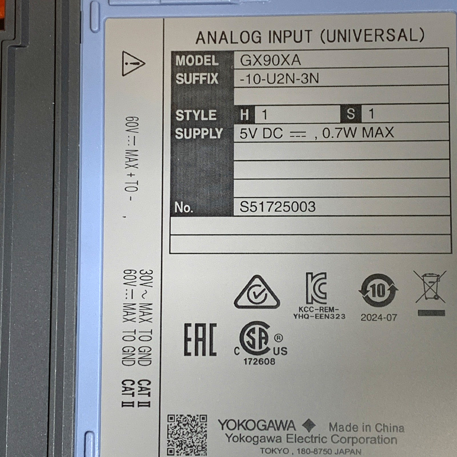 YOKOGAWA GX90XA ANALOG INPUT MODULE GX90XA-10-U2N-3N