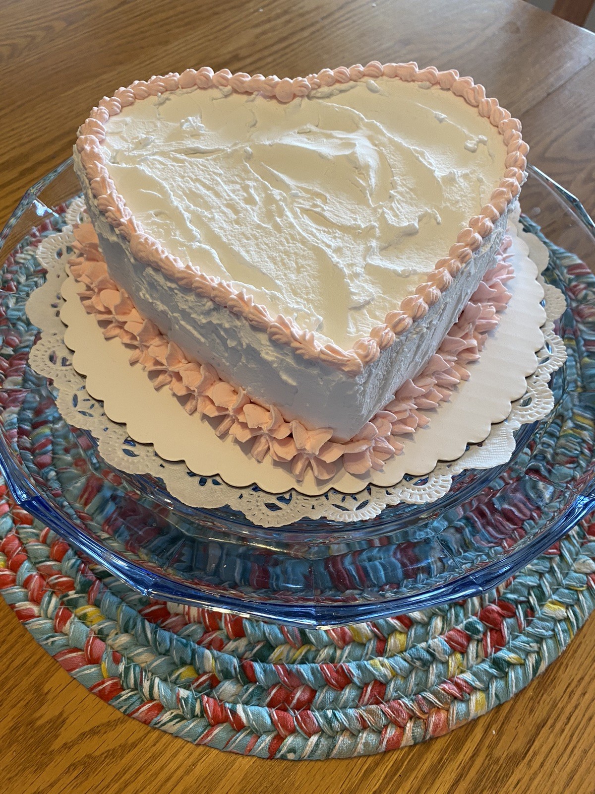 Fake Handmade White Heart Cake w/Pink Trim 7”WX3”T