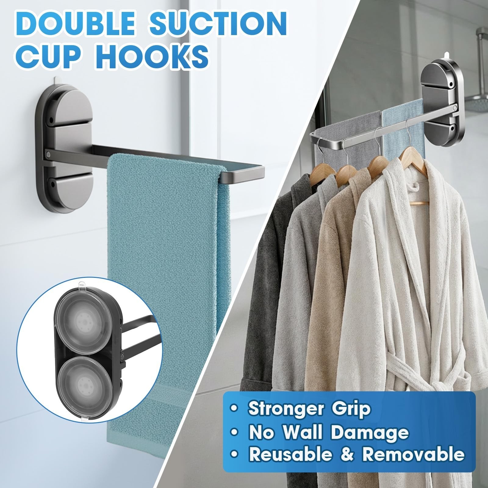 Suction Cup Towel Bar No Drill – Heavy Duty 21LB Double Suction Cup Foldable …
