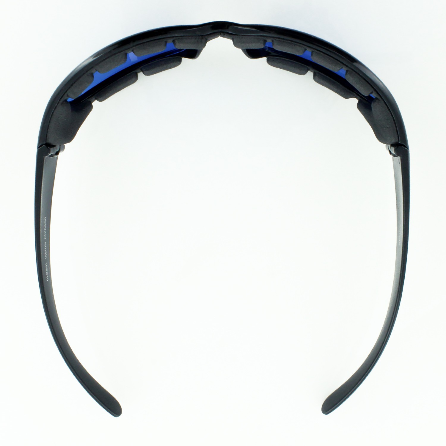 Global Vision Chicago Padded Motorcycle Glasses Black w Blue Lens EAR LOCK Pouch