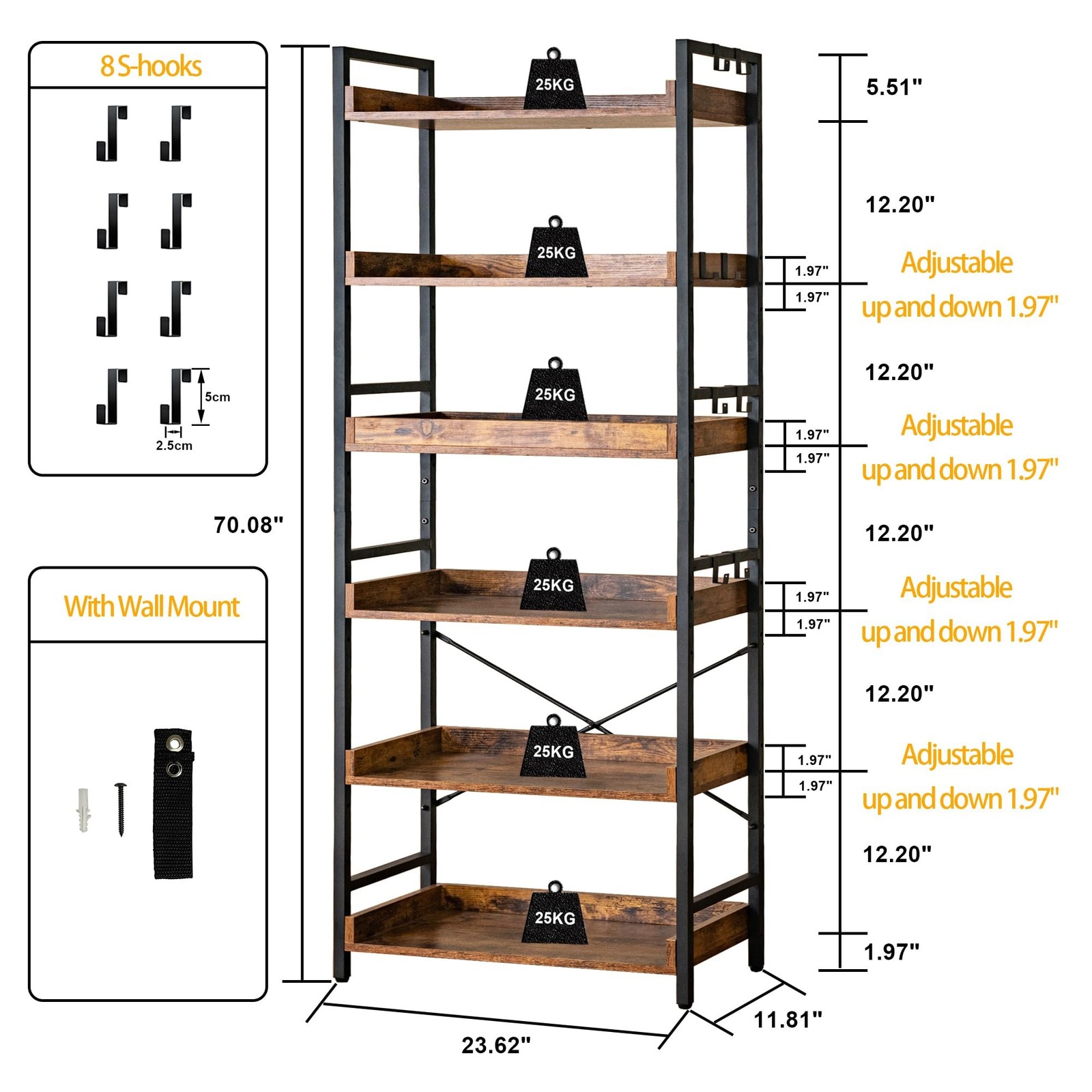 HCHQHS Adjustable 6 Tier Open Bookcase, Black Metal, Rustic Farmhouse