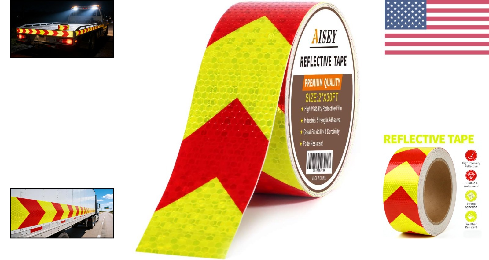 2 Inch x 30 Feet Red Yellow Reflective Safety Tape for Trucks Trailers Vehicles