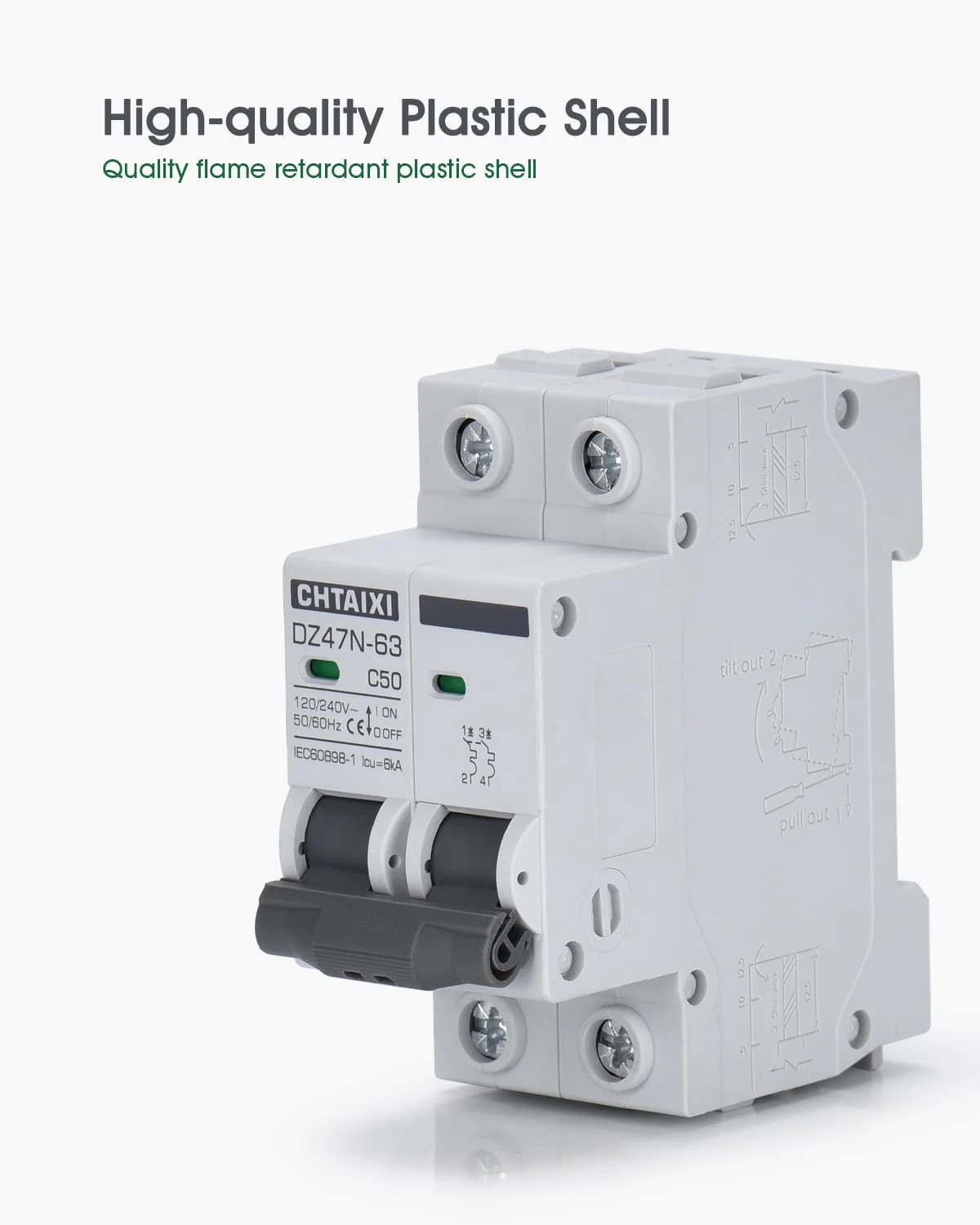 AC Miniature Circuit Breaker, 50 Amp 120V/240V 2 Pole | DIN Rail Mount, Thermal