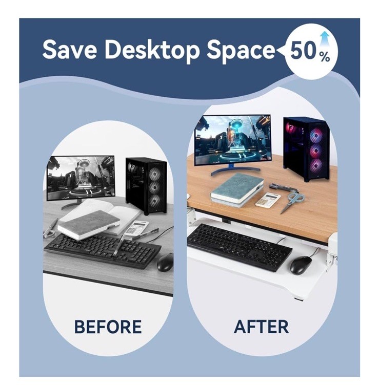 Kayfia Keyboard Tray Under Desk Height Adjustable,26.4”x11.8” Slide-out White