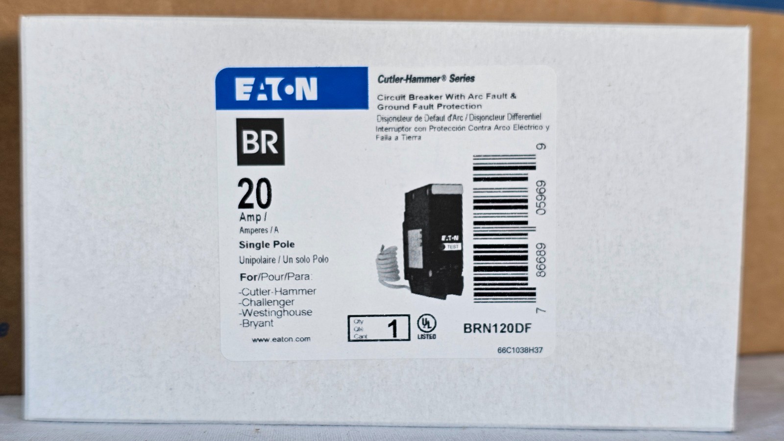 Eaton BRN120DF – 20 Amp Dual Purpose AFCI GFCI Circuit Breaker 1P 20A Pigtail Ne