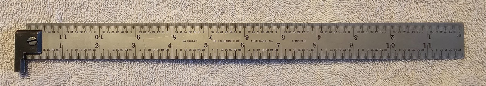 USED VINTAGE STARRETT 12” STEEL HOOK RULE SATIN CHROME W/4R GRADUATION CH604R-12