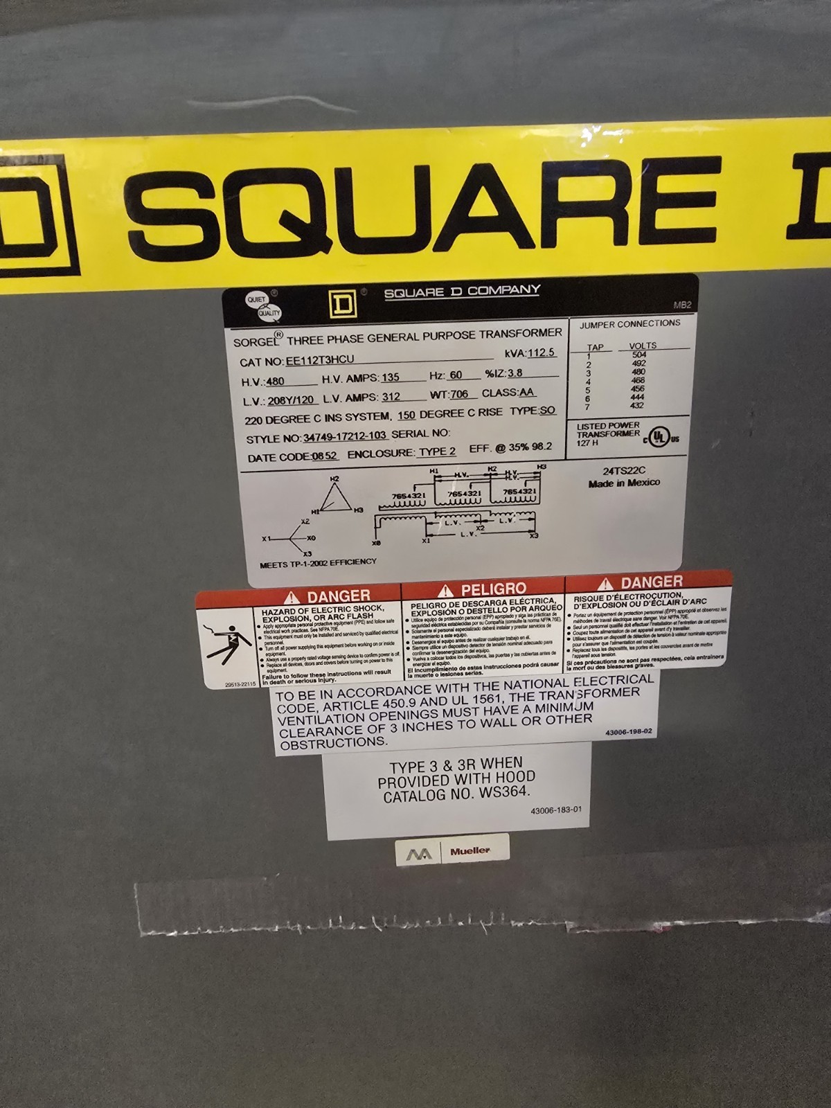 Square D 112.5 KVA Transformer 480V to 208Y/120V 3PH EE112T3HCU Copper CU