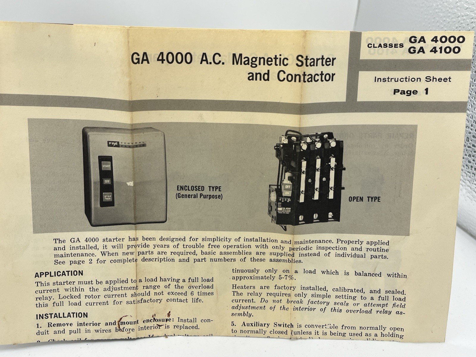 Federal Pacific FPE GA 4000 A5 Magnetic Motor Starter Contactor NOS 5.4-9.4A