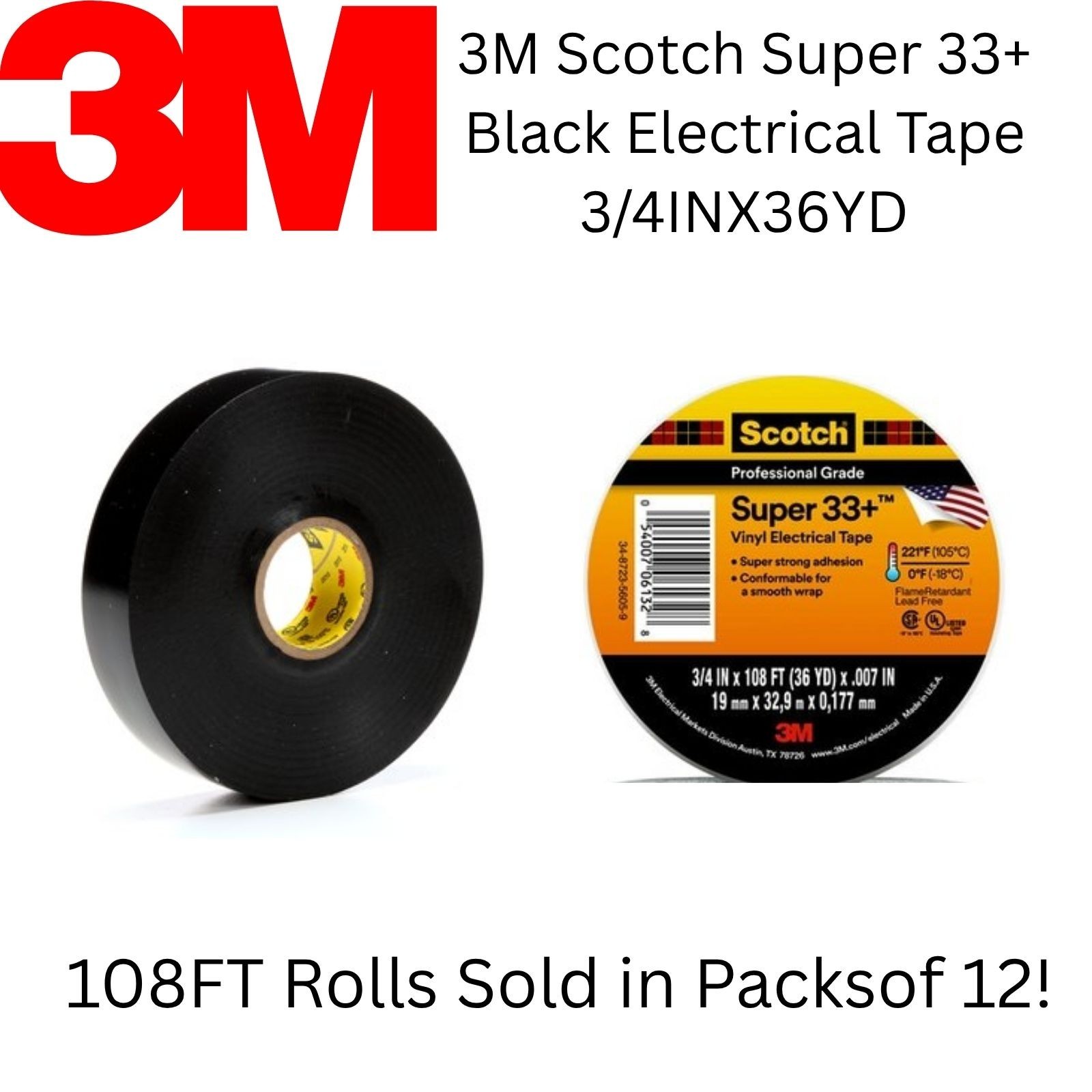 3M Scotch Super 33+ Electrical Tape 3/4″ x 36yd Black Vinyl 7 Mil 600V 12/RL PK