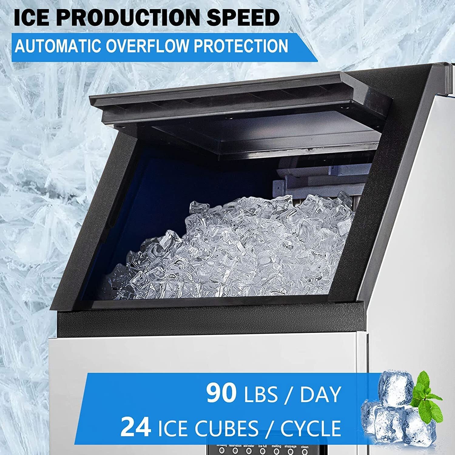 90lb Built-in Commercial Ice Maker Stainless Steel Ice Cube Machine Freestanding