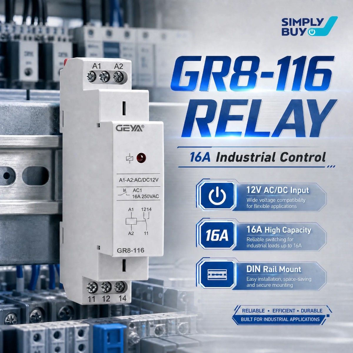 Intermediate Relay Auxiliary Relay 1SPDT RELAYS 16A Din Rail GR8-116 AC/DC12V