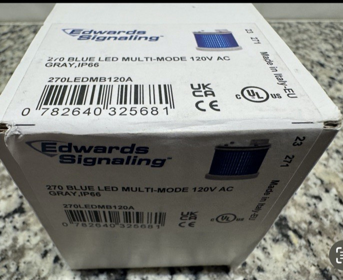 Edwards Signaling Light Blue LED 120V AC Gray fixture, New in Box Fast Ship