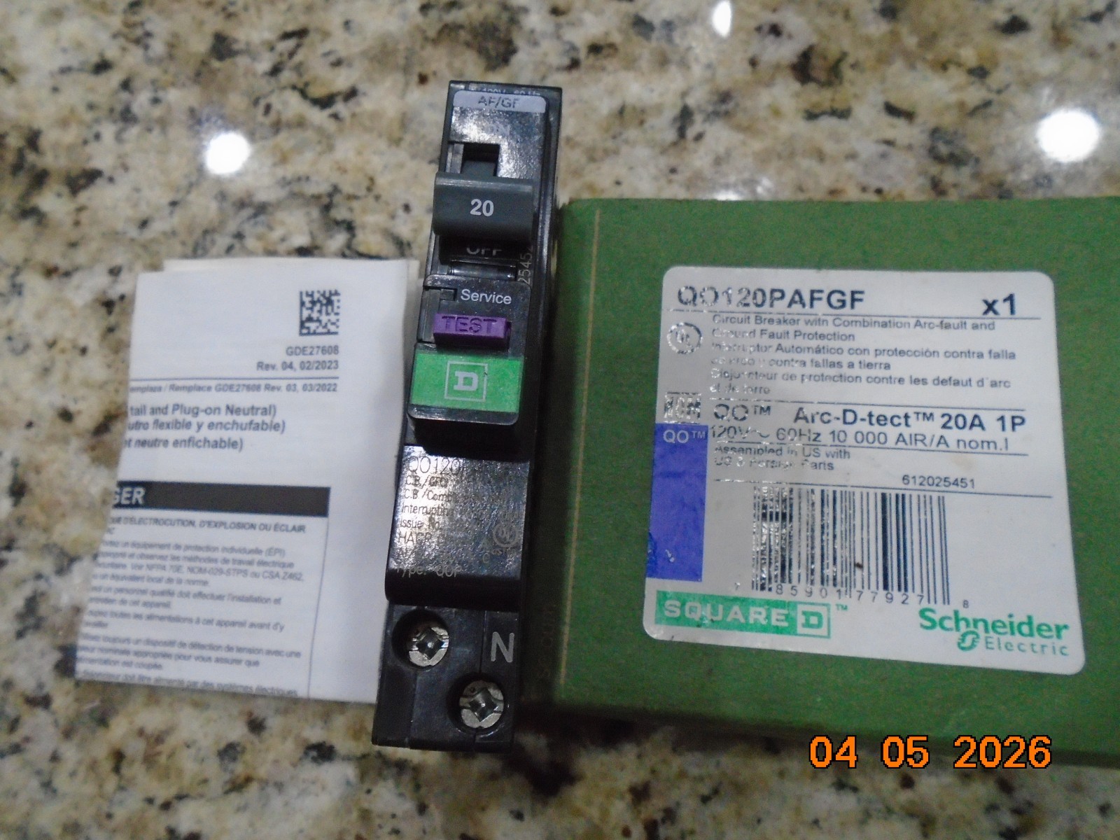 SQUARE D QO120PAFGF 20A DUAL FUNCTION COMBO ARC FAULT & GROUND FAULT BREAKER NEW