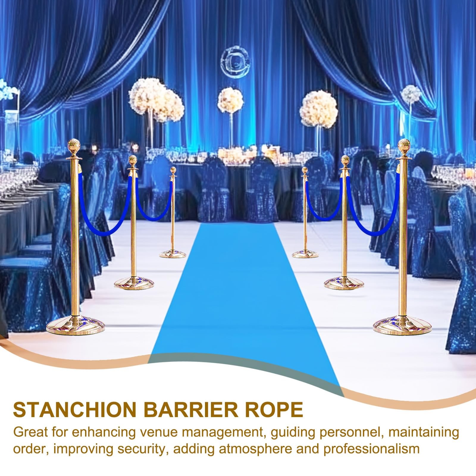 2 Pack Velvet Stanchion Rope 6.6 Ft 2 M Blue Golden Snap Hooks Crowd Control