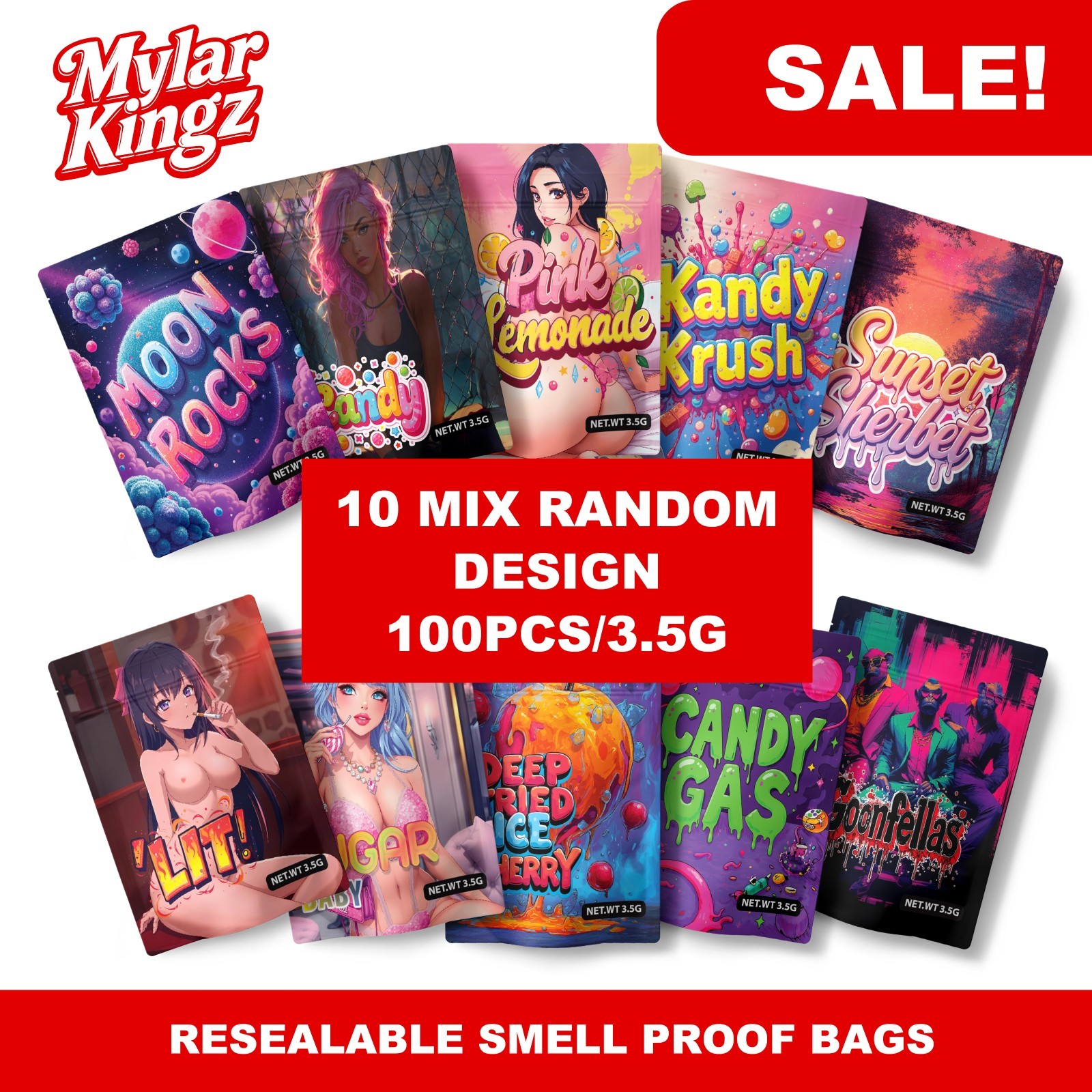 Mylar3.5 bags 10 OR MORE RANDOM DESIGNS 3.5gram 100PCS/PACK ZIPLOCK SMELL-PROOF