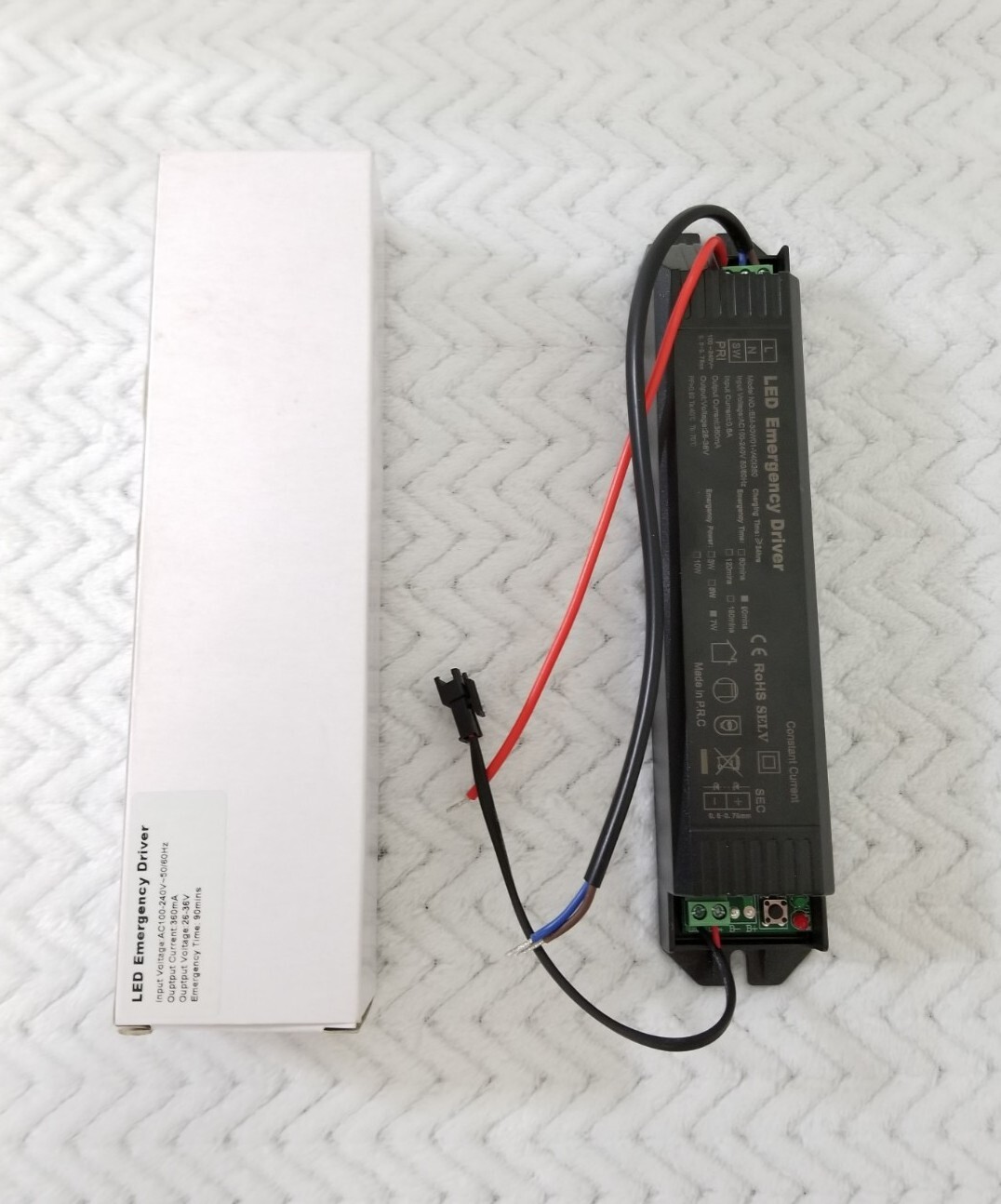 LED Emergency Driver 7W Pwr 90 Minute 28-36V 360mA Output AC100-240V 50/60Hz .6A