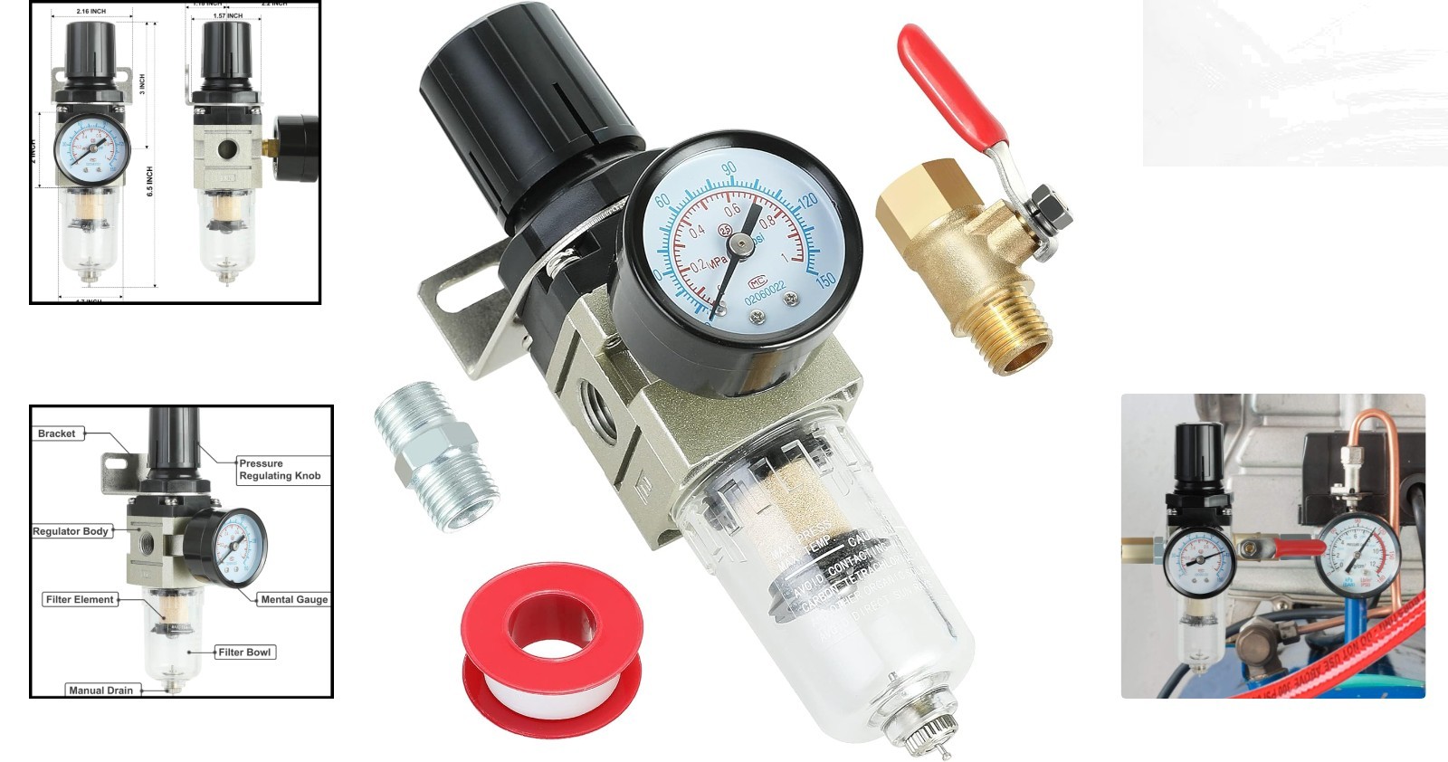 Adjustable Air Compressor Filter Regulator Combo for Dry Air Supply – 150 PSI