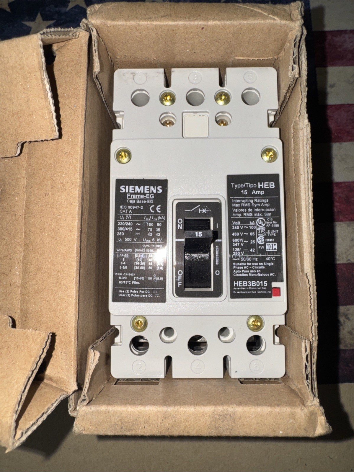 Siemens HEB3B015 EG Frame 15A 3 Pole 480V 65kA Bolt On Breaker Brand New In Box