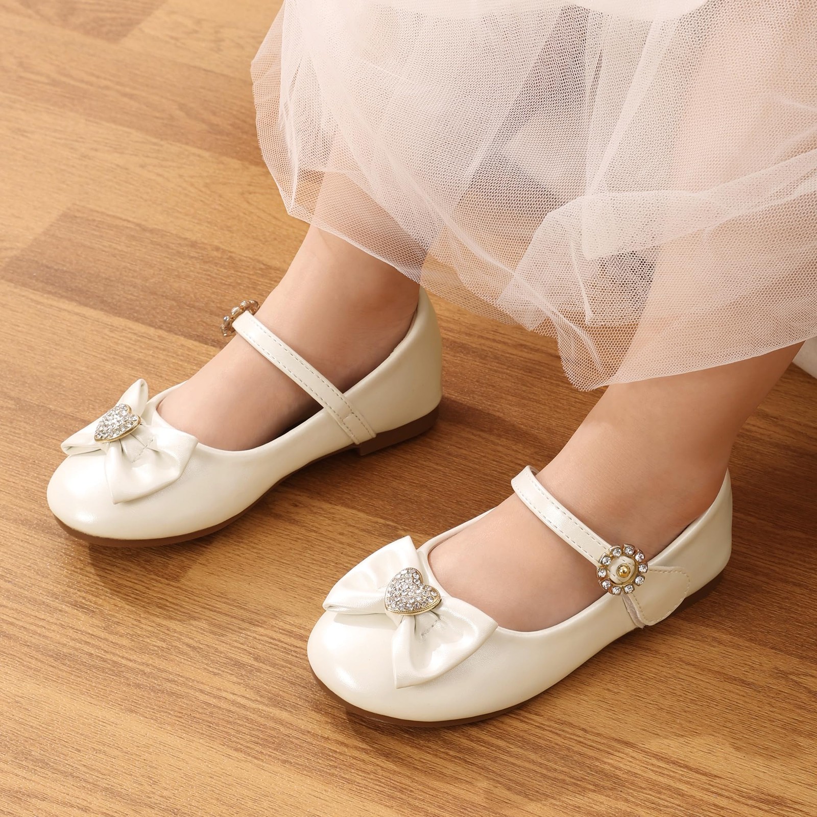 Girls Mary Jane Dress Shoes for Toddler Heart Rhinestone Front Bow Ballerina …
