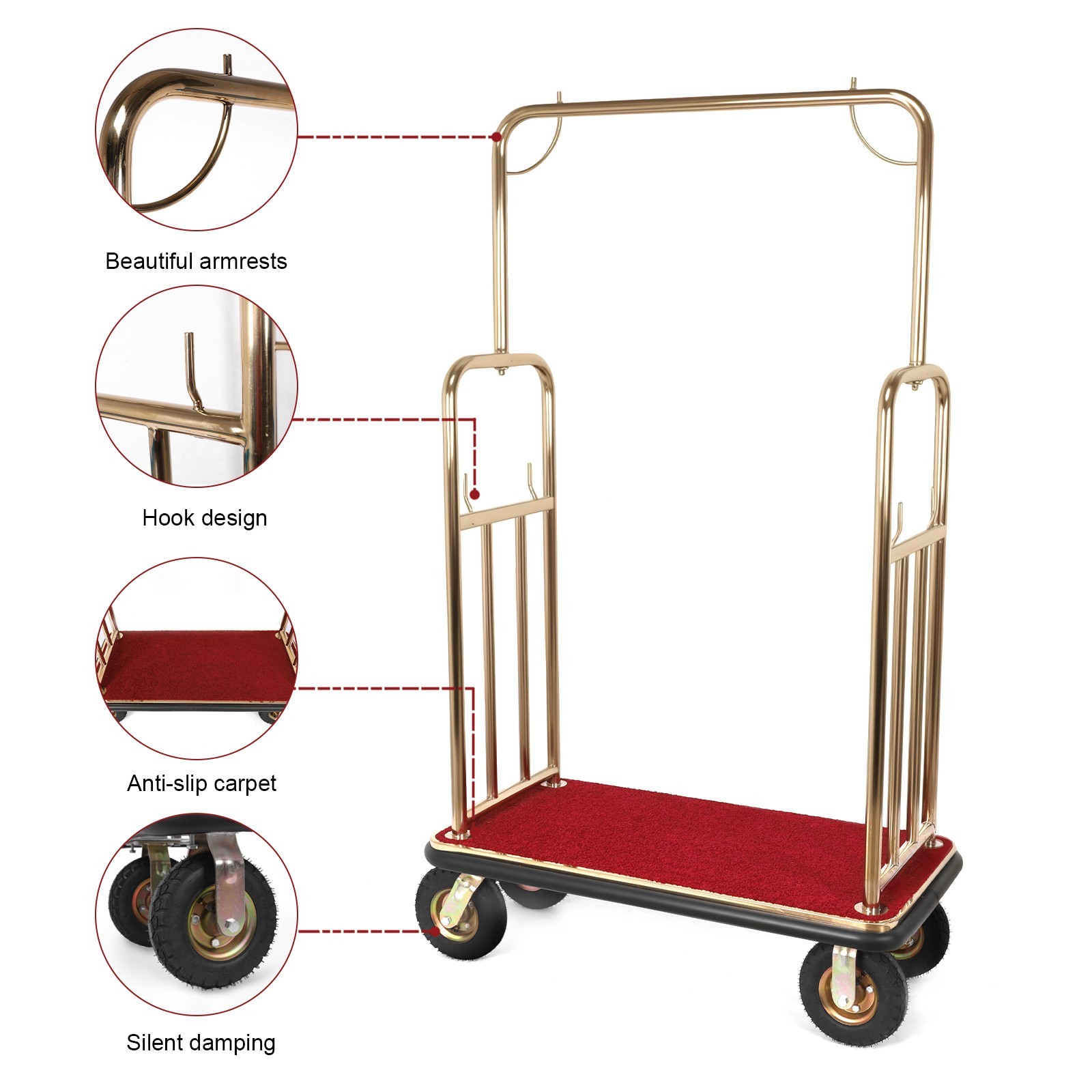 Hotel Luggage Cart 1200 lbs Capacity Stainless Steel Bellman Cart with 8″ Wheels