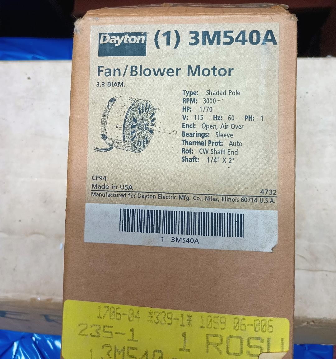 Dayton 3M540A HVAC Shaded Pole Motor 1/70HP 3000 Rpm 115V