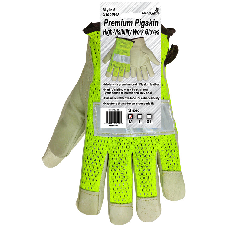 Global Glove 3100PHV Driver Leather Gloves Neon Mesh Back 1 Dozen (12 pairs)