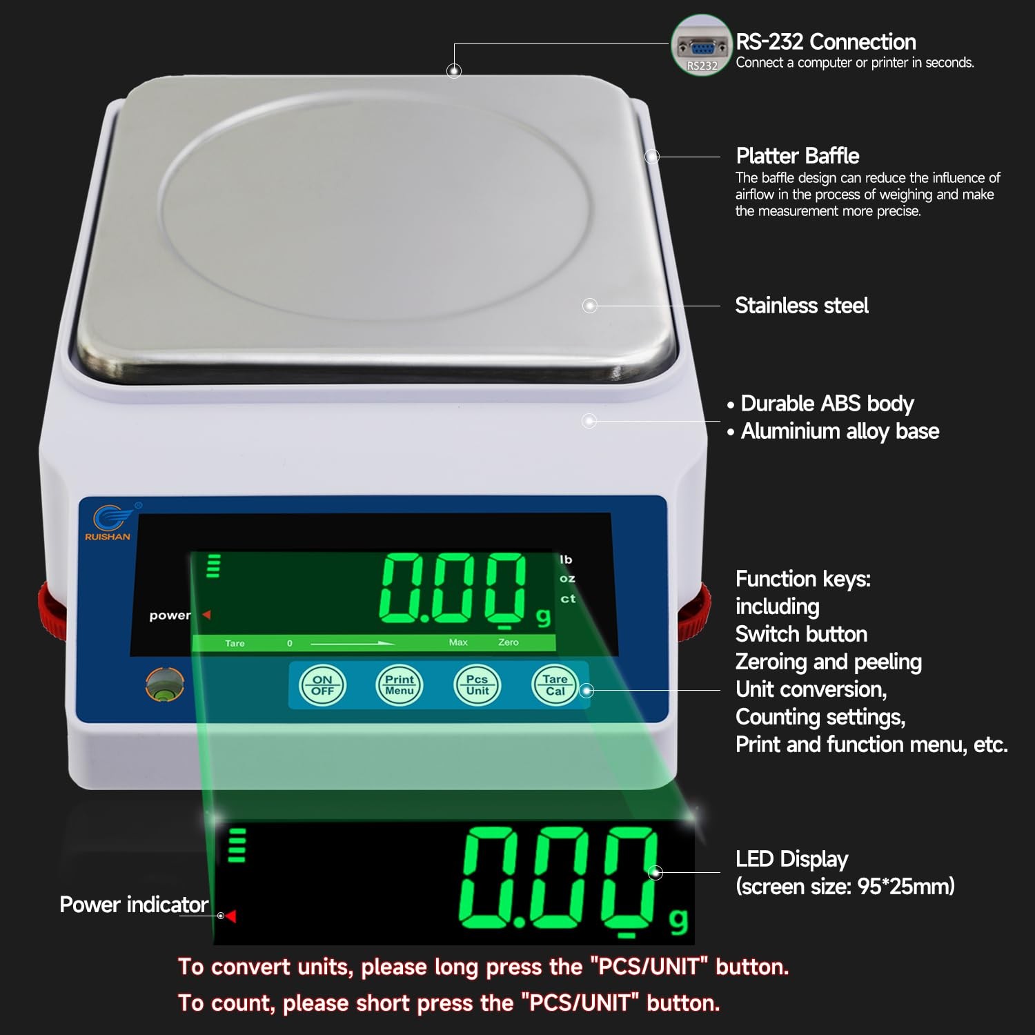 RUISHAN Lab Precision Scientific Balance Scale 1000g x 0.01g |g/lb/oz/ct | .0…