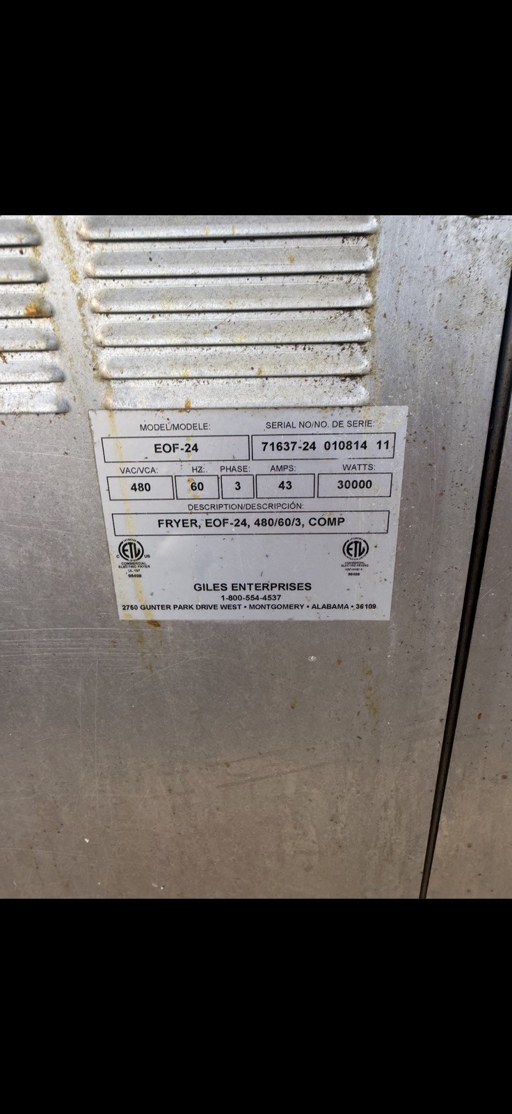 GILES 4 BAY FRYER GILES EOF24 EOFBIB TESTED NICE UNIT WE CRATE & SHIP BY FREIGHT