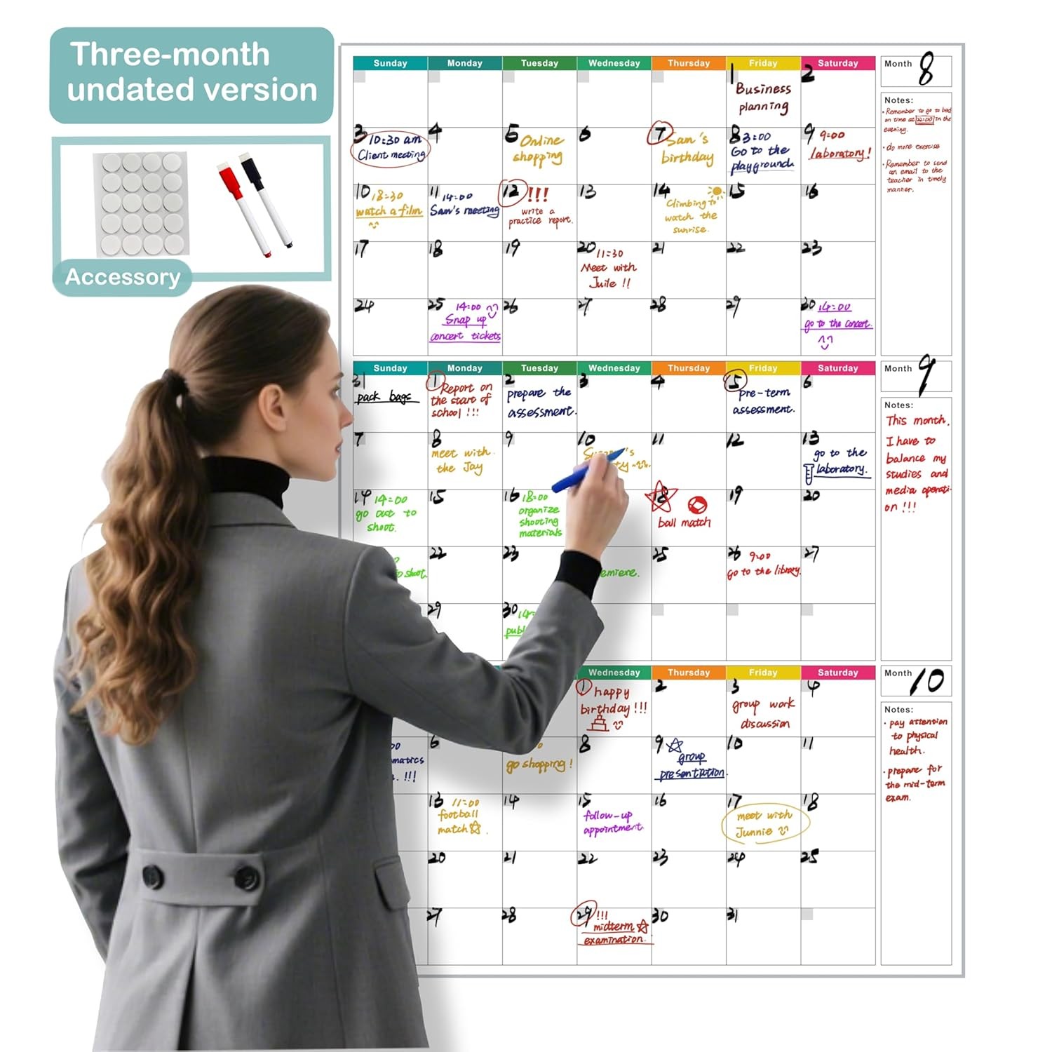 24″ x 36″ Dry Erase Wall Calendar large – Undated 3-Month Agenda Planner Calenda