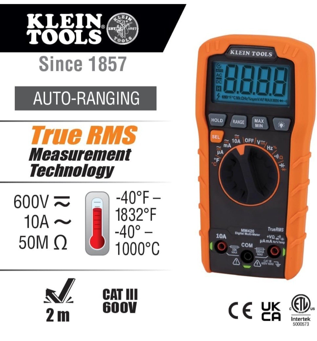Klein Tools MM420 True RMS Digital Multimeter Auto-Ranging w/Test Leads **NEW**